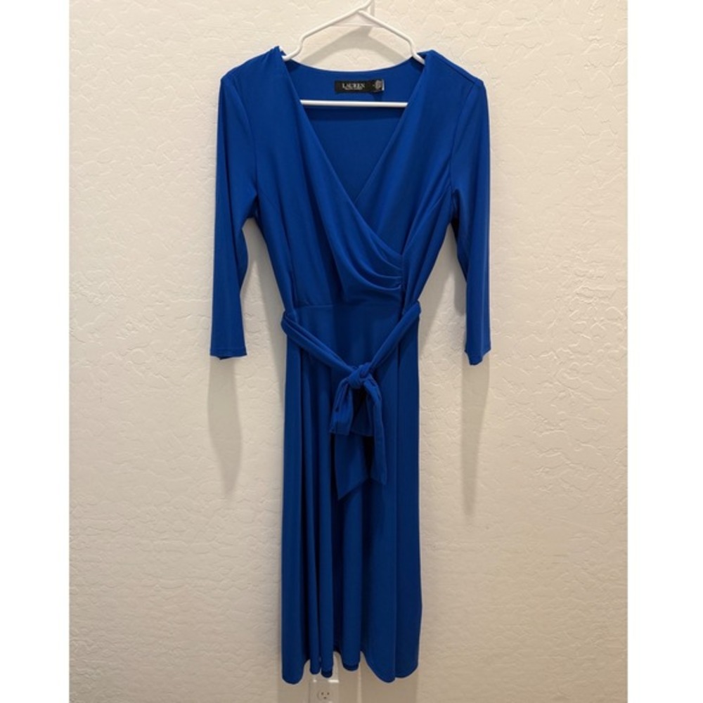 Lauren Ralph Lauren Royal Blue Surplice Jersey Midi Dress Size 4‎ Faux Wrap Tie